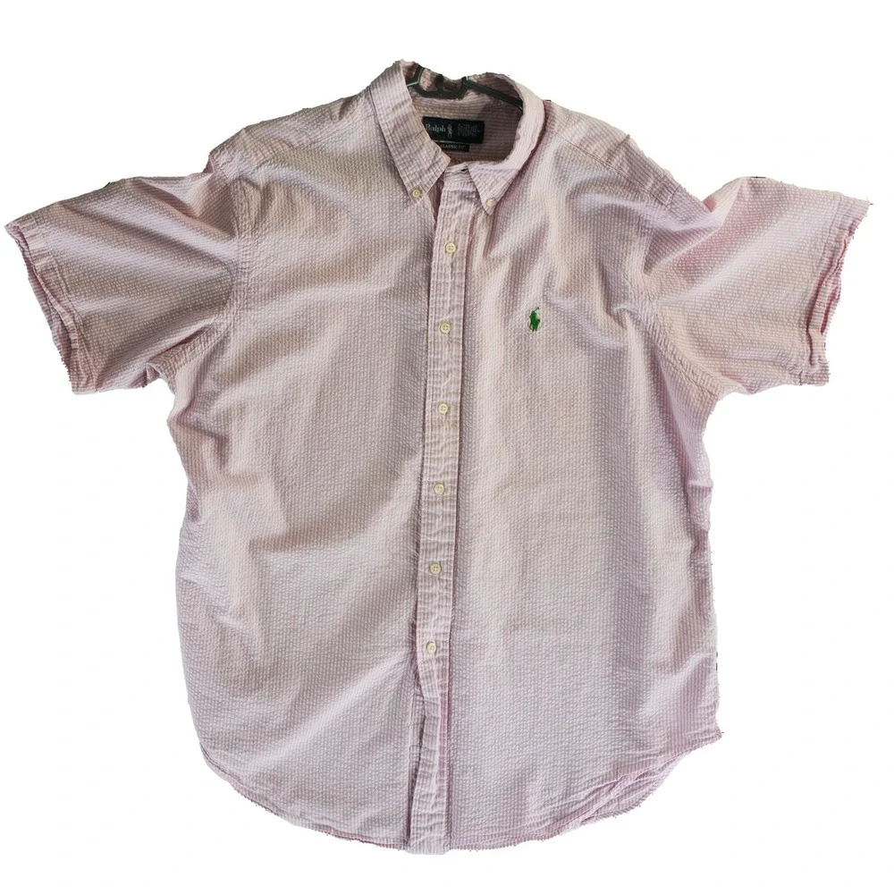 Polo‎ Ralph Lauren Seersucker Shirt Men's Size Large Pink White Stripe Top